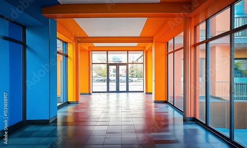 Vibrant Blue and Yellow Corridor with Natural Light Leading to Glass Doorways in a Contemporary Building