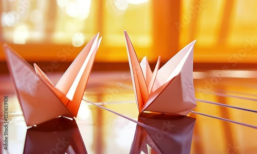 Two Origami Paper Cranes on Reflective Wooden Surface with Soft Yellow Background Artful Design for Stock Illustration