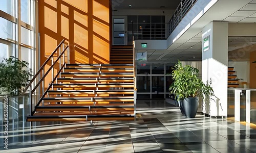 Sunlit Building Lobby with Orange Wall Staircase Potted Plants and Shiny Tiled Floor Interior Architecture Sunlight