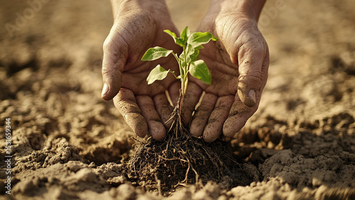Hands holding seedling new plant growth environmental conservation for World Day to Combat Desertification and Drought