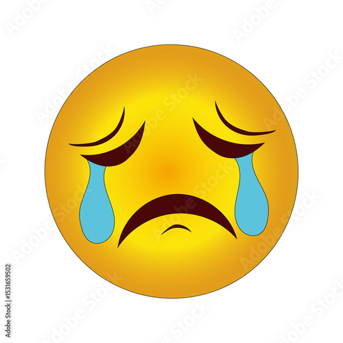 Cry vector icon. Sad face shape. Yellow color design. White background symbol.
