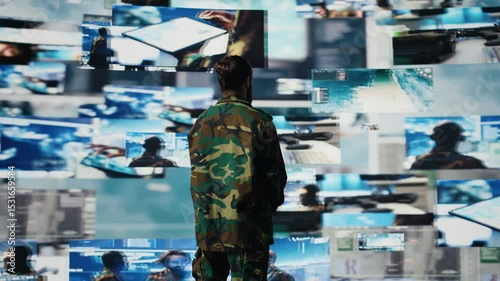 Male soldier showing respect and devotion with the military salute, monitoring satellite imagery for intelligence. Working on war planning tactics with battlefield details. Camera B.