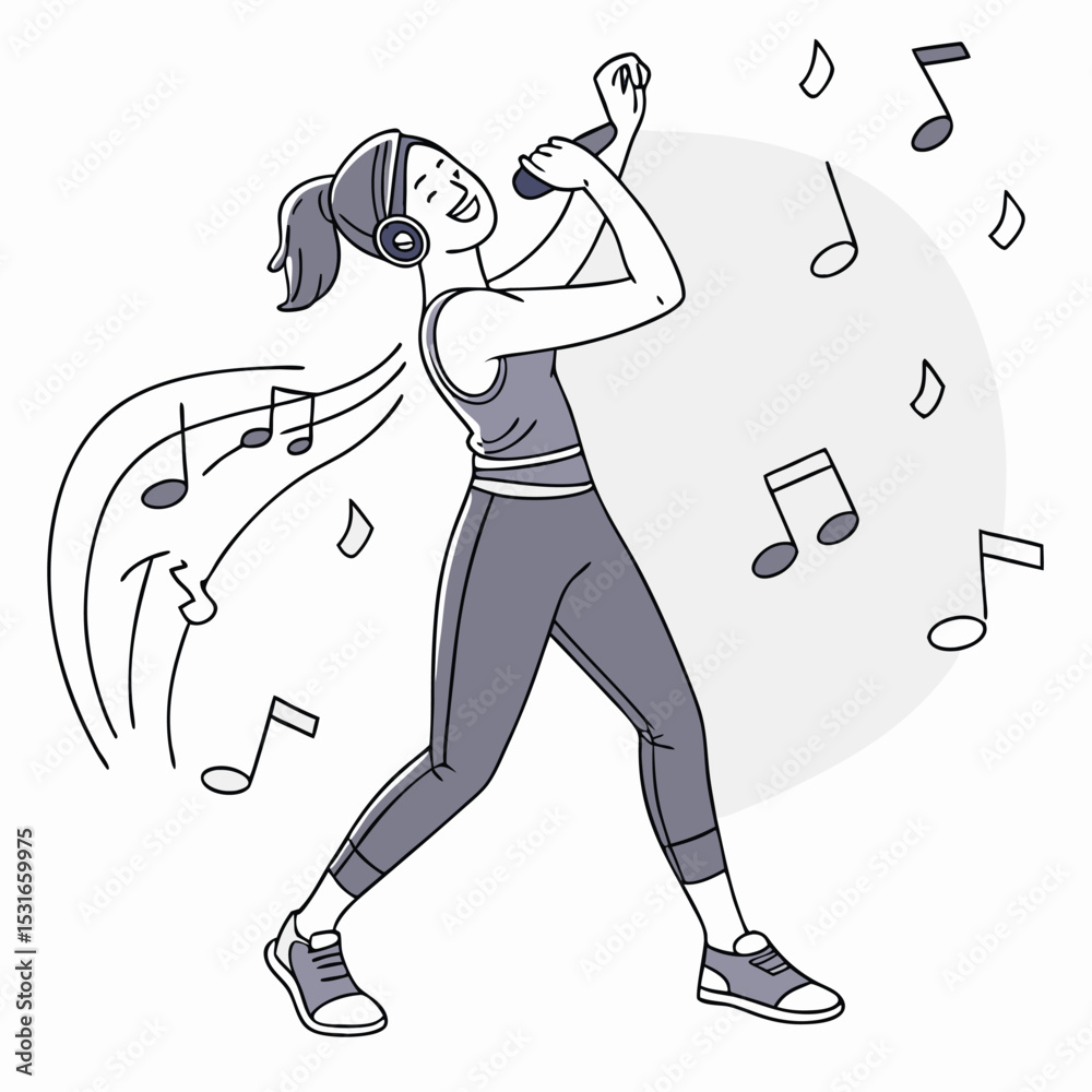 Fototapeta premium Woman doing a dance workout with music notes