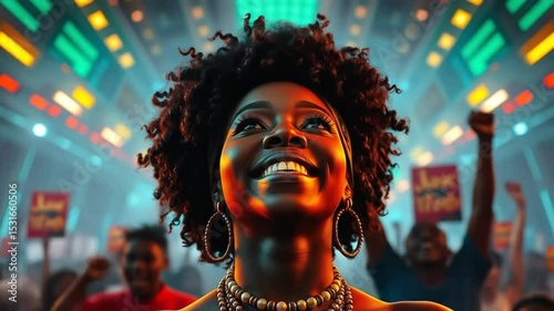 Black Woman Woman in background on Juneteenth Independence Day, June 19, Colorful text. Perfect for Greeting Cards for Juneteenth celebration. 4k video