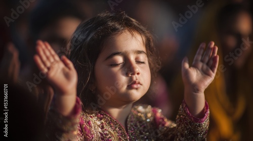 Closeup of a young child, her eyes closed and hands raised in reverence, as she joins in the sacred chant with her family during a religious ceremony.