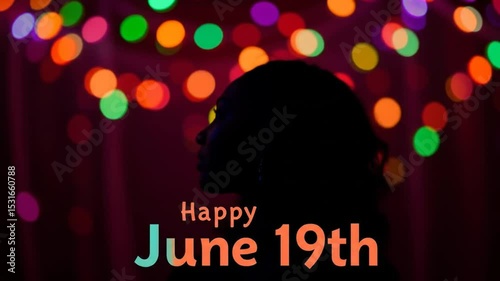 Black Woman Woman in background on Juneteenth Independence Day, June 19, Colorful text. Perfect for Greeting Cards for Juneteenth celebration. 4k video