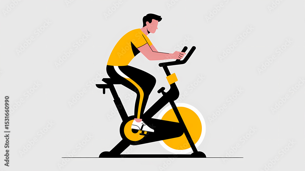 Obraz premium Man exercising using static bicycle at home to keep body healthy, keep body in shape and slim