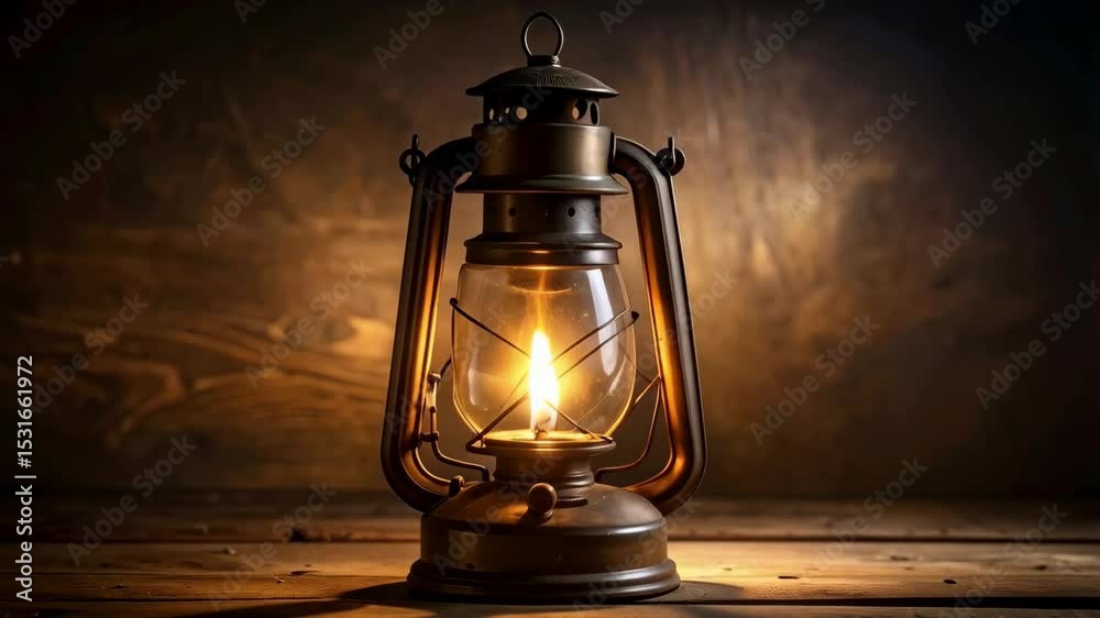 Antique oil lantern burning brightly against a rustic wooden background in warm tones.