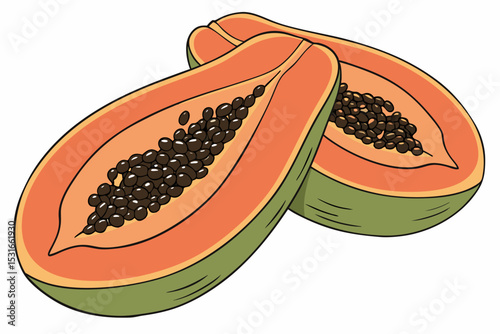 Two halves of a ripe papaya fruit