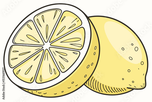 Freshly sliced lemon with whole lemon illustration