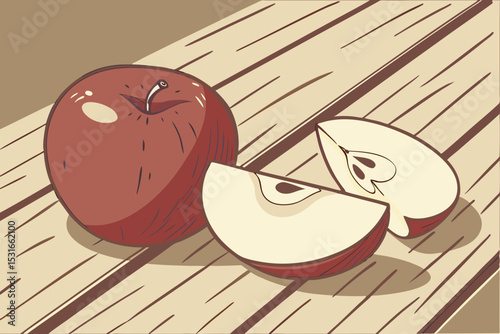 A red apple sliced on wooden table