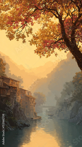 Warm Sunrise in a River Village Nestled in Misty Mountains on Transparent Background

