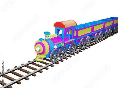 Cartoon engine, wagon, wheels and railway for child on white background. Transport children game. Image 3D rendering.