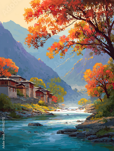 Warm Sunrise in a River Village Nestled in Misty Mountains on Transparent Background

