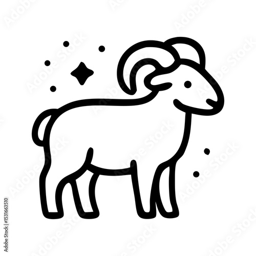 Astrological Ram Icon: A minimalist, line-art illustration of an Aries ram, depicted with strong horns and a celestial backdrop. Symbolic of new beginnings, courage, and leadership.