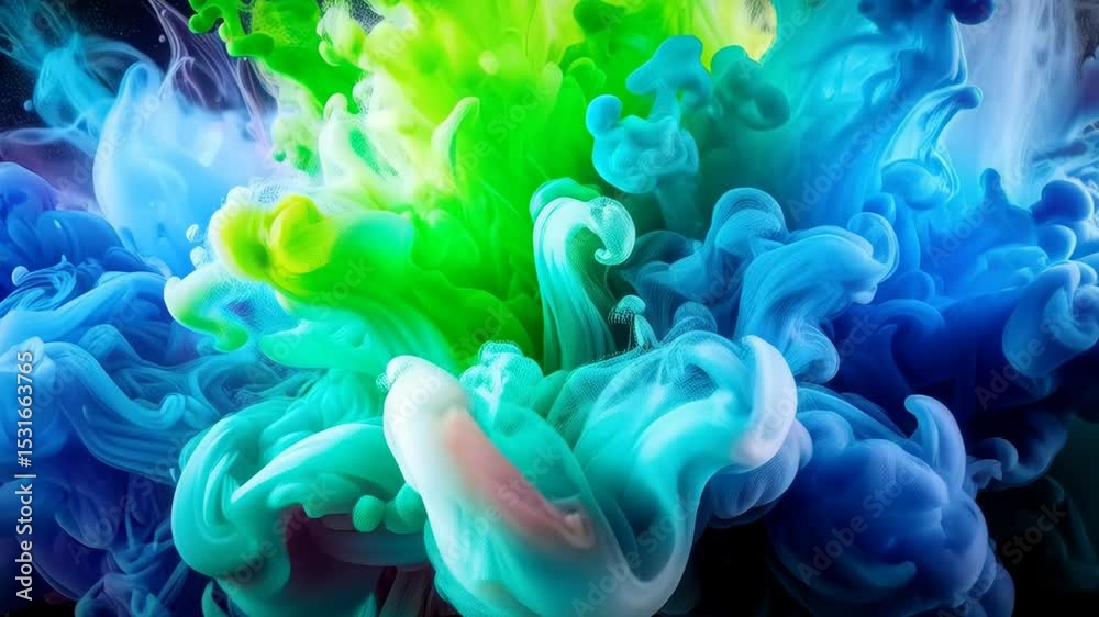 Swirling clouds of vibrant multicolored ink create an abstract dreamy effect against a dark black backdrop, creating a smoke explosion.