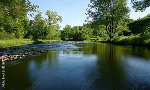 Serene River Scene with Green Trees and Blue Sky on a Sunny Day Tranquil Nature Scenery