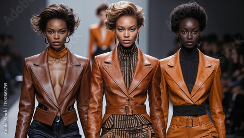 Three fashion models wearing brown leather jackets on a runway.	
