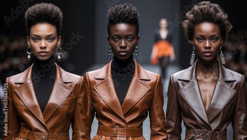 Three fashion models wearing brown leather jackets on a runway.	
