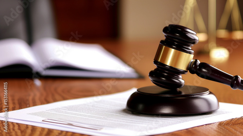 Gavel resting on legal documents with open law book, symbolizing justice, court trial, legal dispute resolution and copyright law concept.