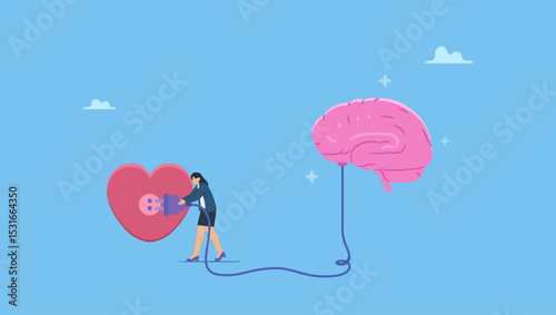 A woman char connect logical thinking brain with heart feeling. Emotional Intelligence, EI or control feeling and emotion with logical thinking brain, empathy or social skill, self control or balance.