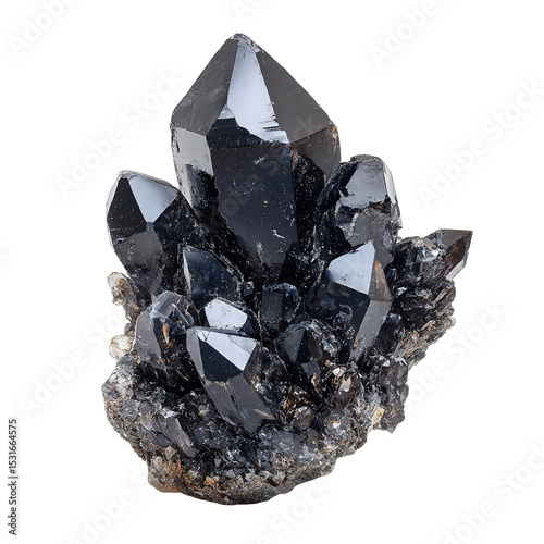 Black Quartz Gem Crystal Cluster on Transparent Background
