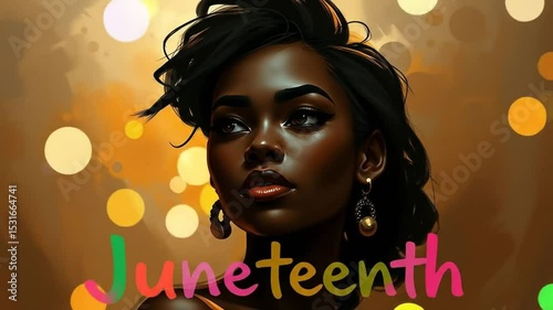 Black Woman Woman in background on Juneteenth Independence Day, June 19, Colorful text. Perfect for Greeting Cards for Juneteenth celebration. 4k video