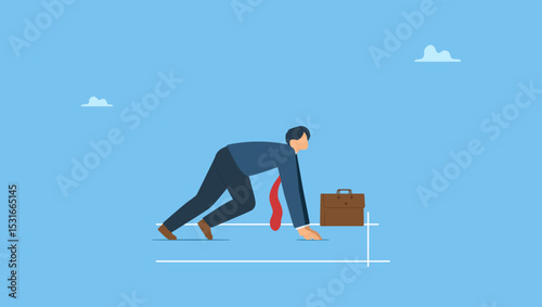Confidence motivated businessman be prepared at start race line and ready to win the competition. Ready to start business, begin new job or preparation for work, focus and willingness.