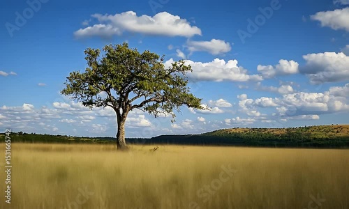 Solitary Tree Standing Tall in Golden Field under Blue Sky with White Clouds in a Peaceful Rural Landscape