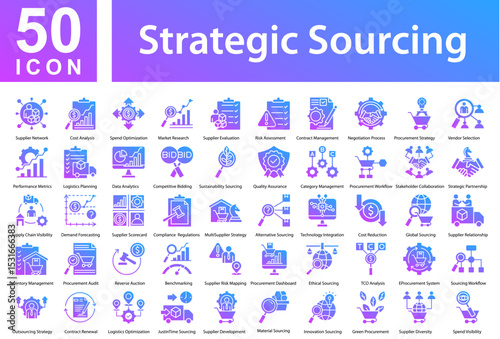 Strategic Sourcing Icon Collection and Simple Concept Glyph Gradient, Containing: Supplier Network,Cost Analysis,Spend Optimization,Market Research,Supplier Evaluation,Risk Assessment,Contract 