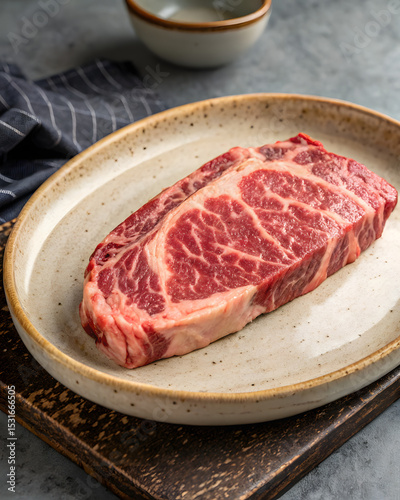 A beautifully marbled raw steak rests on a rustic ceramic plate