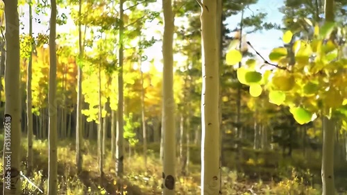 Aspen Autumn Leaves Gently Falling in Forest with Backlit Trees and Soft Golden Glow