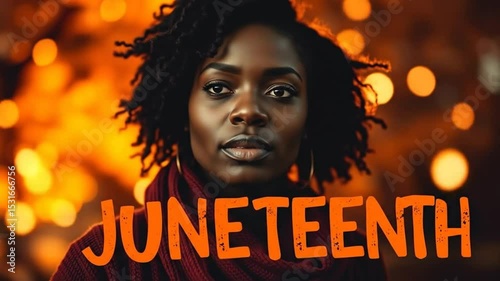 Black Woman Woman in background on Juneteenth Independence Day, June 19, Colorful text. Perfect for Greeting Cards for Juneteenth celebration. 4k video