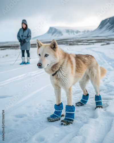 A close-up view of a sled dog standing on a snowy terrain in Iceland. The dog is wearing blue booties
