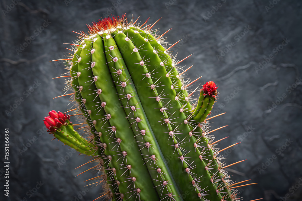 Naklejka premium A detailed close up of vibrant green cactus with sharp spines, set against a textured, dark gray background