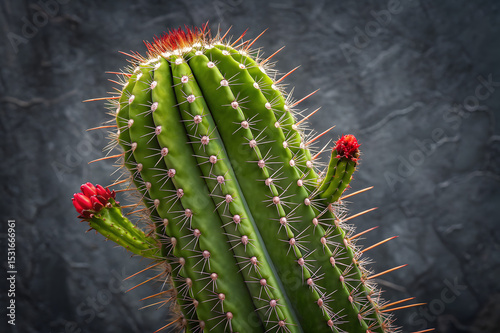 A detailed close up of vibrant green cactus with sharp spines, set against a textured, dark gray background