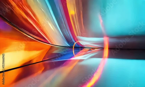 Abstract Tunnel with Reflective Surface Orange Pink and Cyan Hues and a Central Ring Design