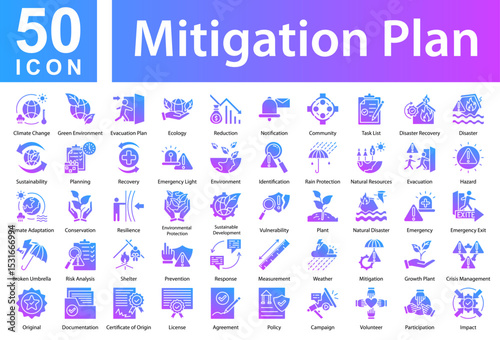 Mitigation Plan Icon Collection and Simple Concept Glyph Gradient, Containing: Climate Change,Green Environment,Evacuation Plan,Ecology,Reduction,Notification,Community,Task List,Disaster Recovery