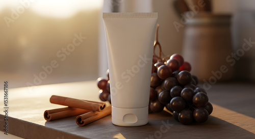 Skincare Cream Mockup with Grapes and Cinnamon