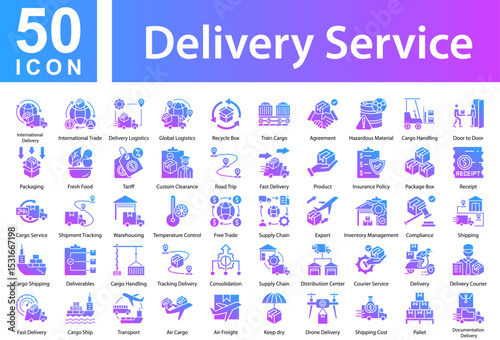 Delivery Service Icon Collection and Simple Concept Glyph Gradient, Containing: International Delivery,International Trade,Delivery Logistics,Global Logistics,Recycle Box,Train Cargo,Agreement