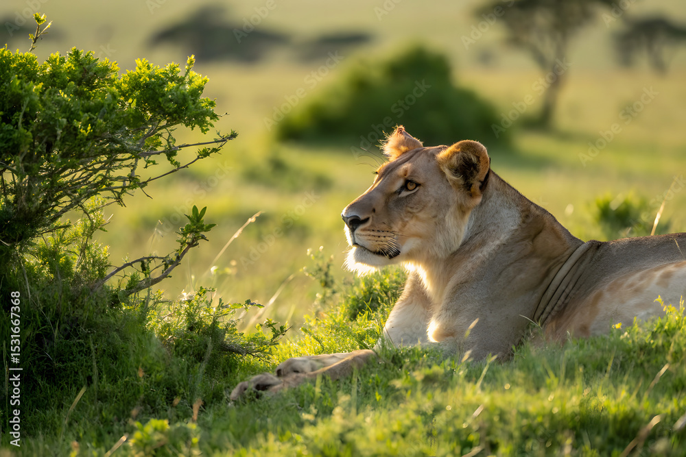 Fototapeta premium A majestic lioness rests in the lush grasslands of the Kenyan savanna, its gaze steady and powerful