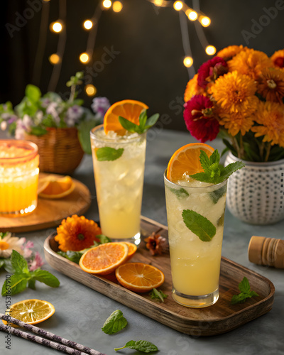 A stylish presentation of refreshing citrus cocktails garnished with orange slices and mint leaves