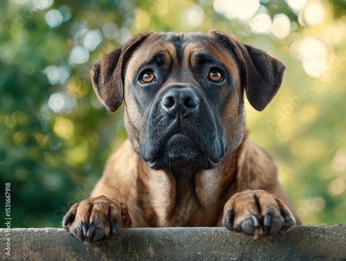 Alert Mastiff Dog Portrait in Natural Light, Powerful and Watchful Expression