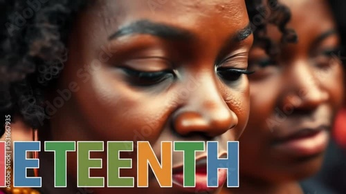 Black Woman Woman in background on Juneteenth Independence Day, June 19, Colorful text. Perfect for Greeting Cards for Juneteenth celebration. 4k video