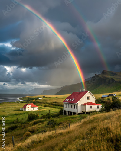 A vibrant rainbow stretches across a dramatic Icelandic sky