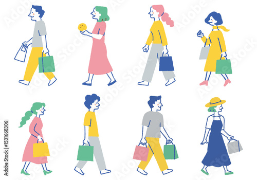 Set of people walking with shopping bags_color