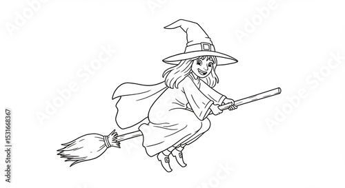 Happy witch joyfully flies broom whimsical line art. AI Generated