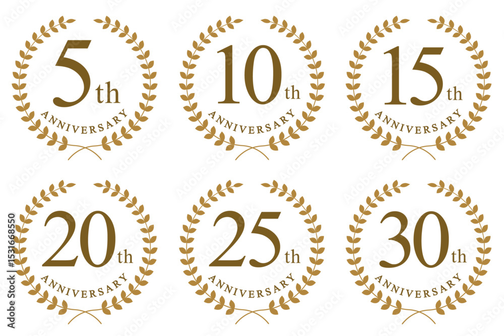 Fototapeta premium 5周年・10周年・15周年・20周年・25周年・30周年のアニバーサリーロゴ(anniversarry logo エンブレム 月桂樹 お祝い ベクター 編集可能 シンプル 金 gold vcelebration)