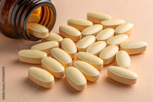 Close up of yellow capsules spilled from a brown bottle on a smooth yellow surface. The contrast highlights the vibrant color of the capsules