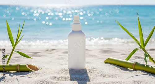 Sunscreen on Beach, Bamboo and Ocean Backdrop
